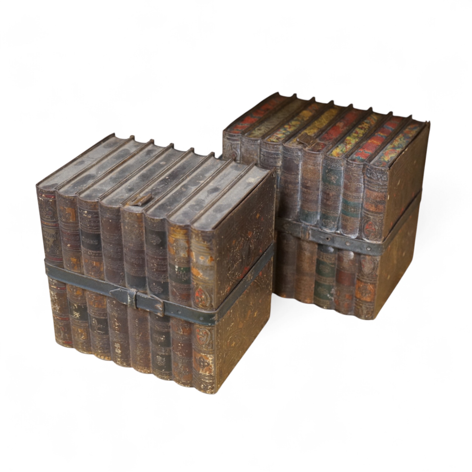 Two Huntley and Palmers novelty biscuit tins, each modelled as a set of books, 16cm